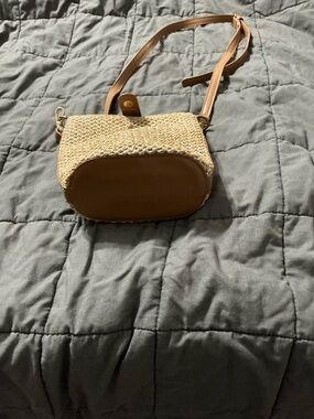 Woven Straw Crossbody Bag with Tan Leather Trim